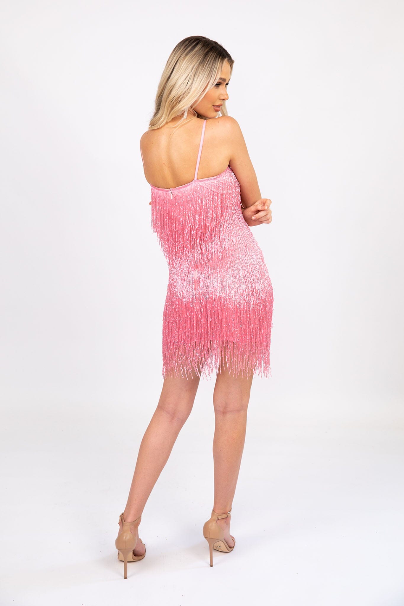 pink sequin fringe dress Strapless Gown 4 Sparkle with confidence in the Portia and Scarlett PS24893C Short Sequin Fringe Cocktail Dress Pink Sequin Fringe Feather Cocktail