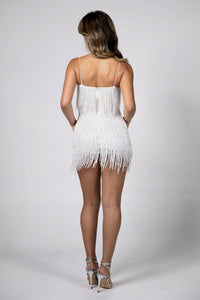 Back Image of Shiny White Tassel Fringe Hem Mini Dress