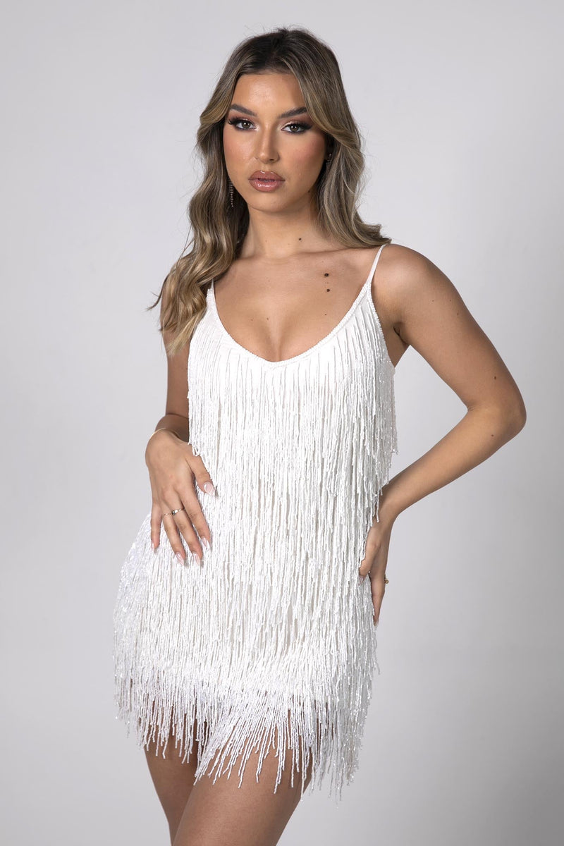 Salma Beaded Fringe Mini Dress - White NB LUXE Salma Beaded Fringe Mini Dress - White NB LUXE