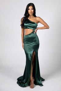SAMAIRA Cut Out Stretch Satin Gown - Emerald