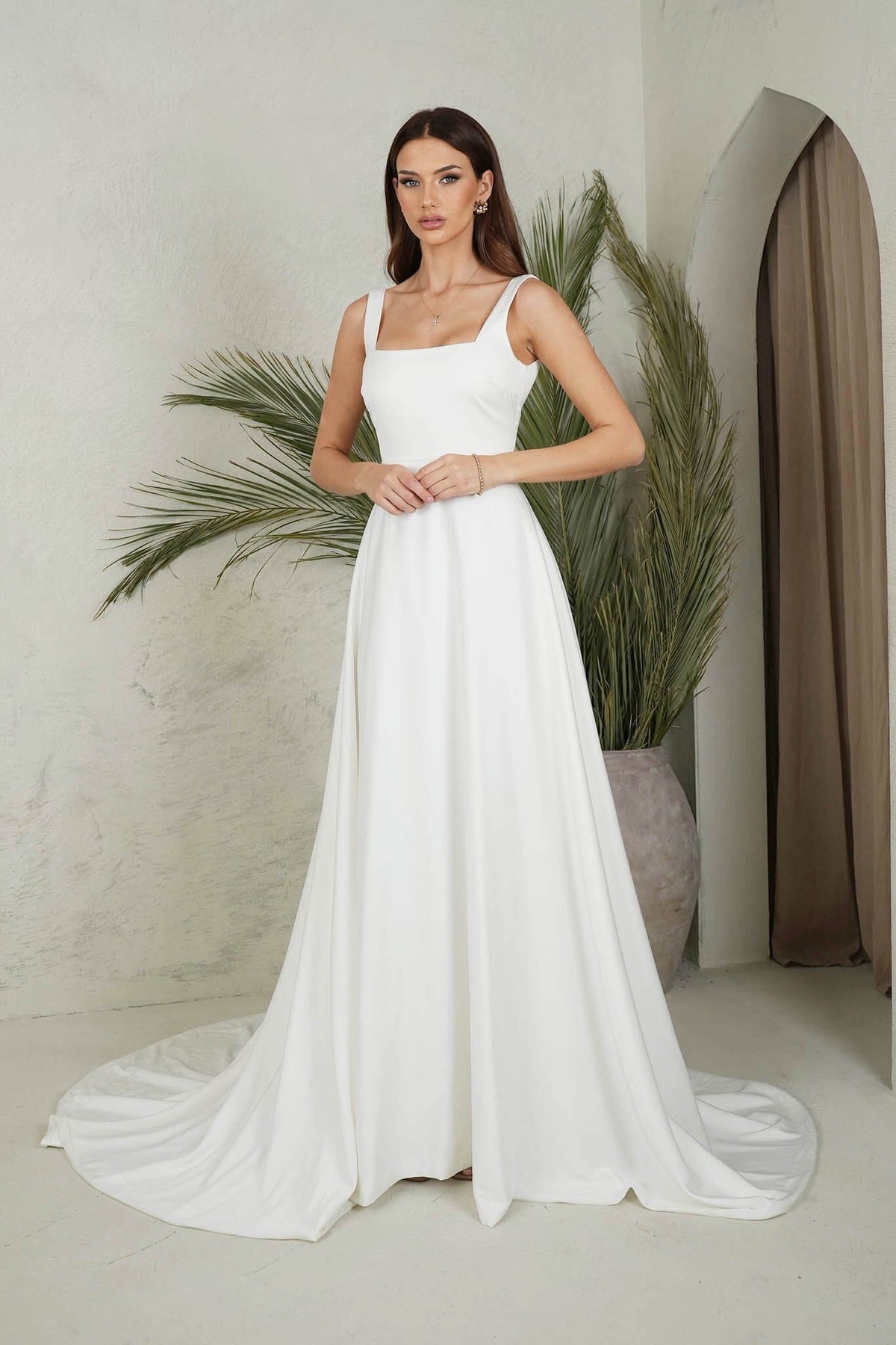Satin Ivory White A-line Ball Gown with Square Neckline, Shoulder Straps and Detachable Belt
