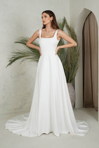 Ivory White A-line Ball Gown with Square Neckline, Shoulder Straps and Detachable Belt