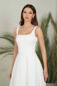 Close Up Image of Ivory White A-line Ball Gown with Square Neckline, Shoulder Straps and Detachable Belt