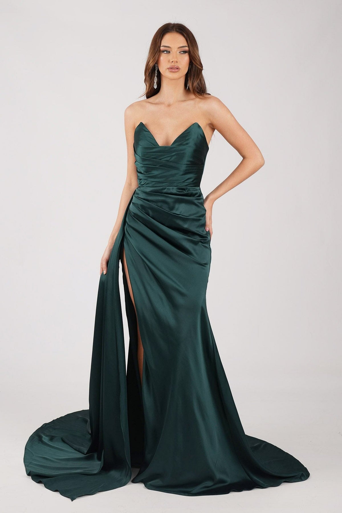 Emerald Green Satin Evening Gown with Bustier Strapless Neckline, Draped Detail, Thigh High Slit, and Sweep Court Train