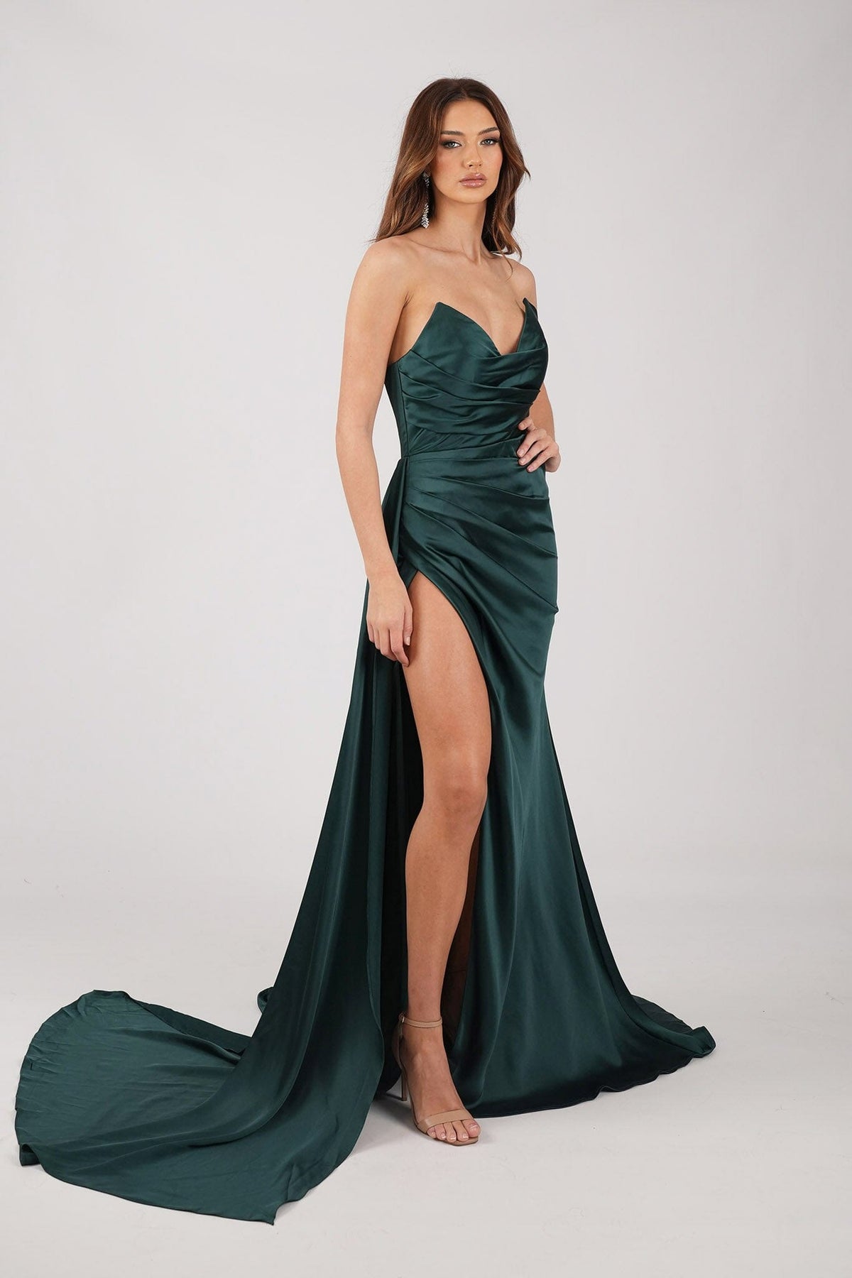 emerald green prom dress with train Faux-Wrap Long Prom Dress with Train