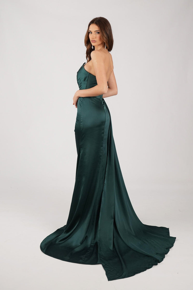 Back Image of Emerald Green Satin Evening Gown with Bustier Strapless Neckline, Draped Detail, Thigh High Slit, and Sweep Court Train