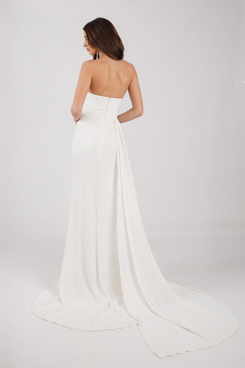 Back Image of Ivory White Strapless Wedding Gown with Draped Detail at Bust and Waist, Thigh High Side Slit and Sweep Train