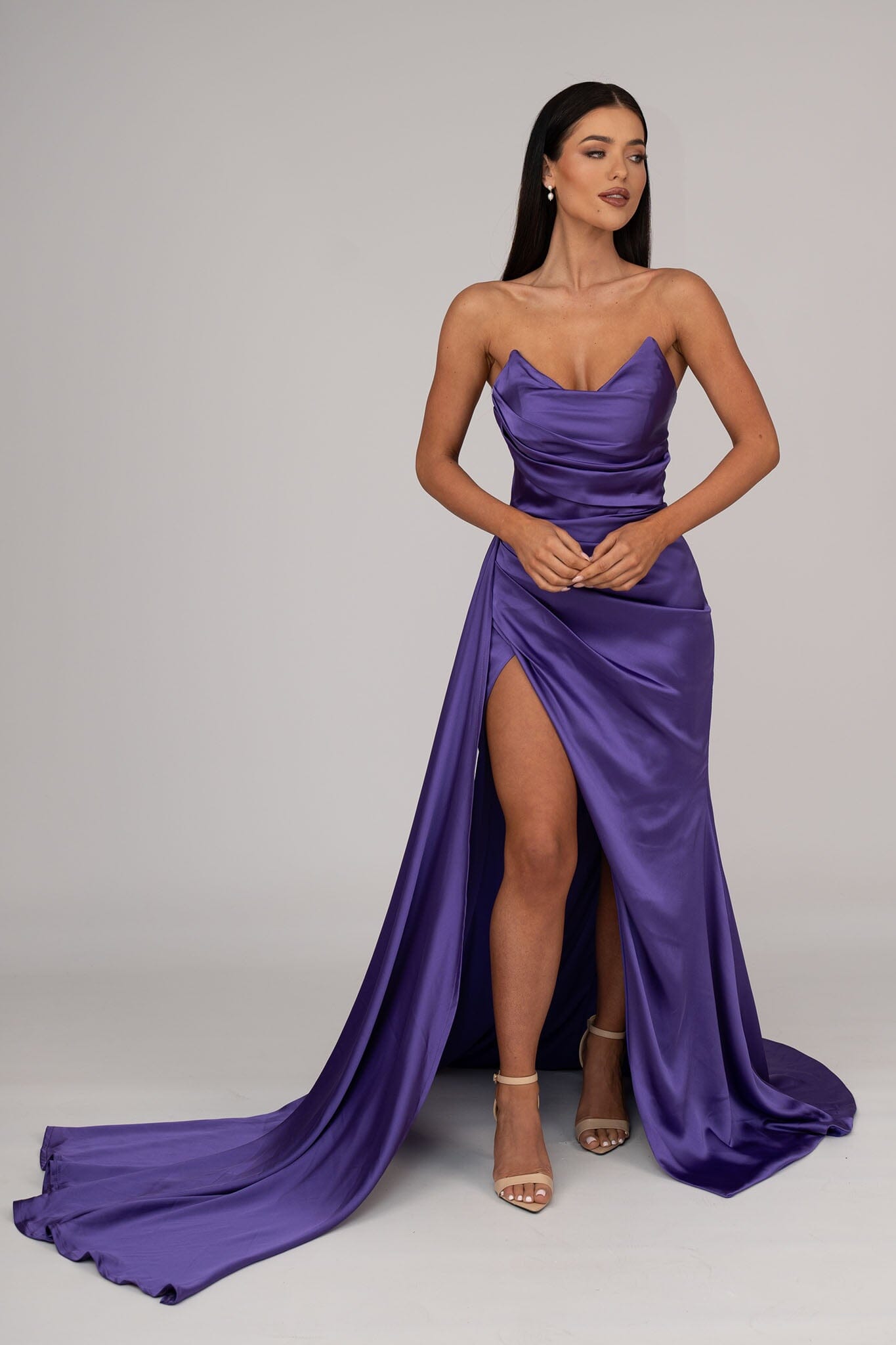 purple satin dress Blaise Lilac Maxi - US 6 while the shoulder wrap gives off an effortless feel while still looking elegant TYRA Satin Gown - Purple