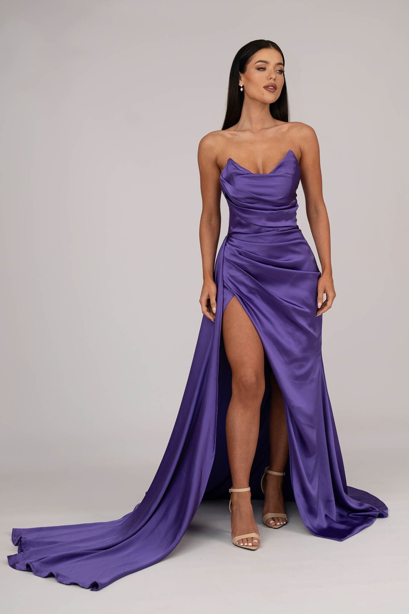 V Neck Purple Long Prom Dresses with Leg Slit, Satin Formal Dresses, P –  morievent