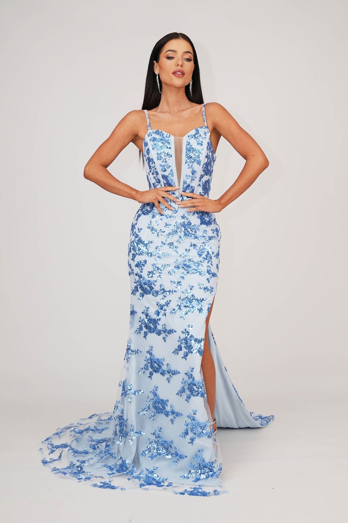 Light Blue Floral Embellished Sequins Floor Length Evening Gown with Corset Bodice, Mesh Insert, Side Slit and Lace Up Open Back 