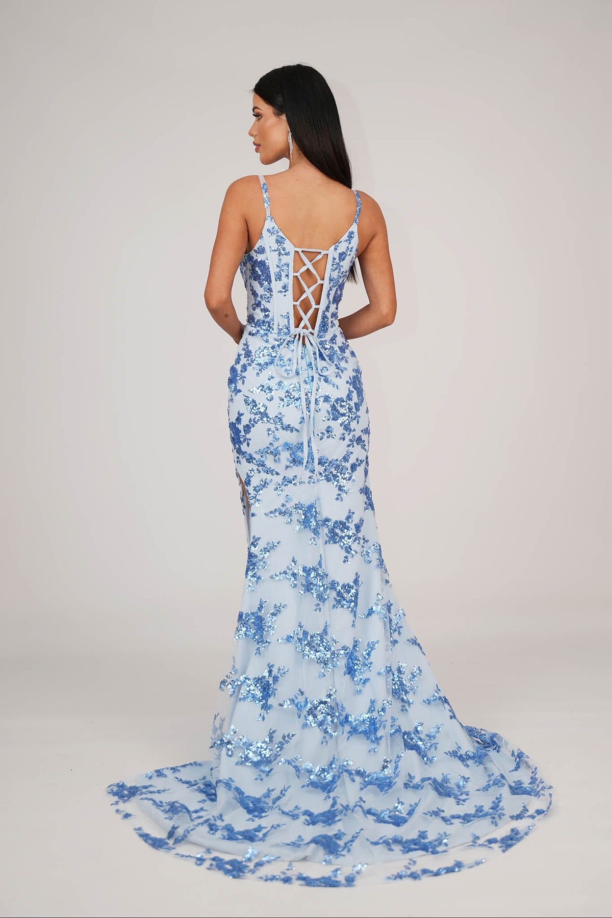 Lace Up Open Back and Sweep Train of Light Blue Floral Embellished Sequins Floor Length Evening Gown with Corset Bodice, Mesh Insert and Side Slit 