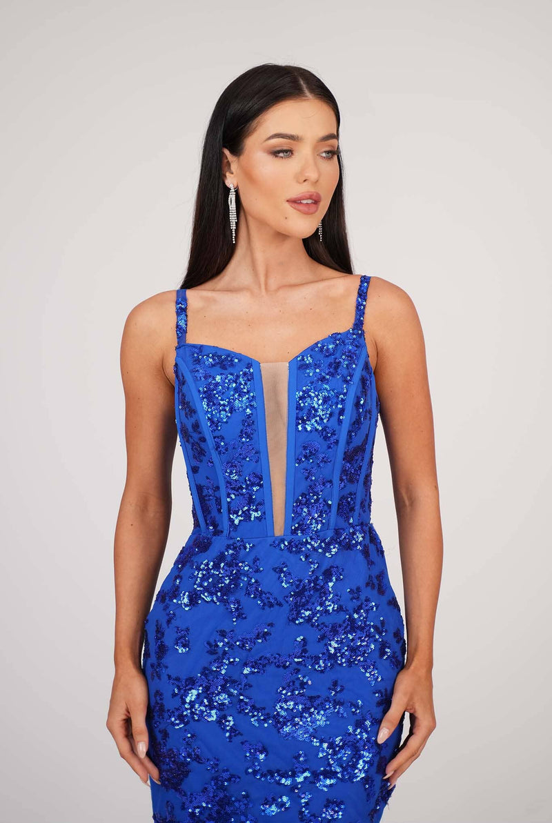 Close Up Image of Royal Blue Floral Embellished Sequins Floor Length Evening Gown with Corset Bodice, Mesh Insert, Side Slit and Lace Up Open Back