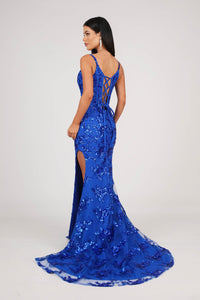 Lace Up Open Back and Side Slit of Royal Blue Floral Embellished Sequins Floor Length Evening Gown with Corset Bodice and Front Mesh Insert