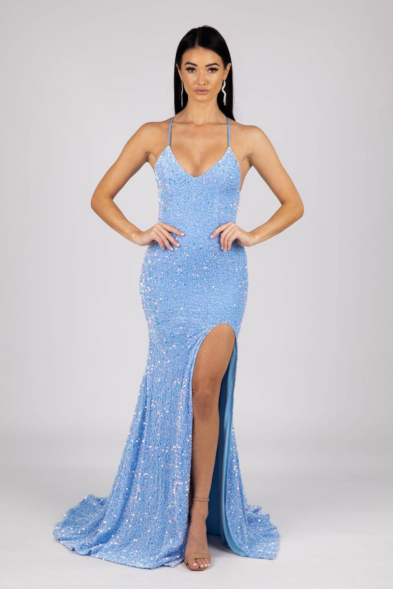 Zelda Side Slit Velvet Sequin Gown - Light Blue M Zelda Side Slit Velvet Sequin Gown - Light Blue M