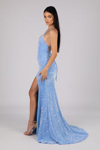 Side Image of Light Blue Velvet Sequin Full Length Evening Gown with V Neckline, Thin Shoulder Straps, Thigh High Side Split and Lace Up Open Back