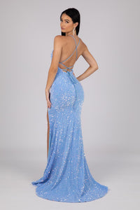 Lace Up Open Back Design of Light Blue Velvet Sequin Full Length Evening Gown with V Neckline, Thin Shoulder Straps and Thigh High Side Split