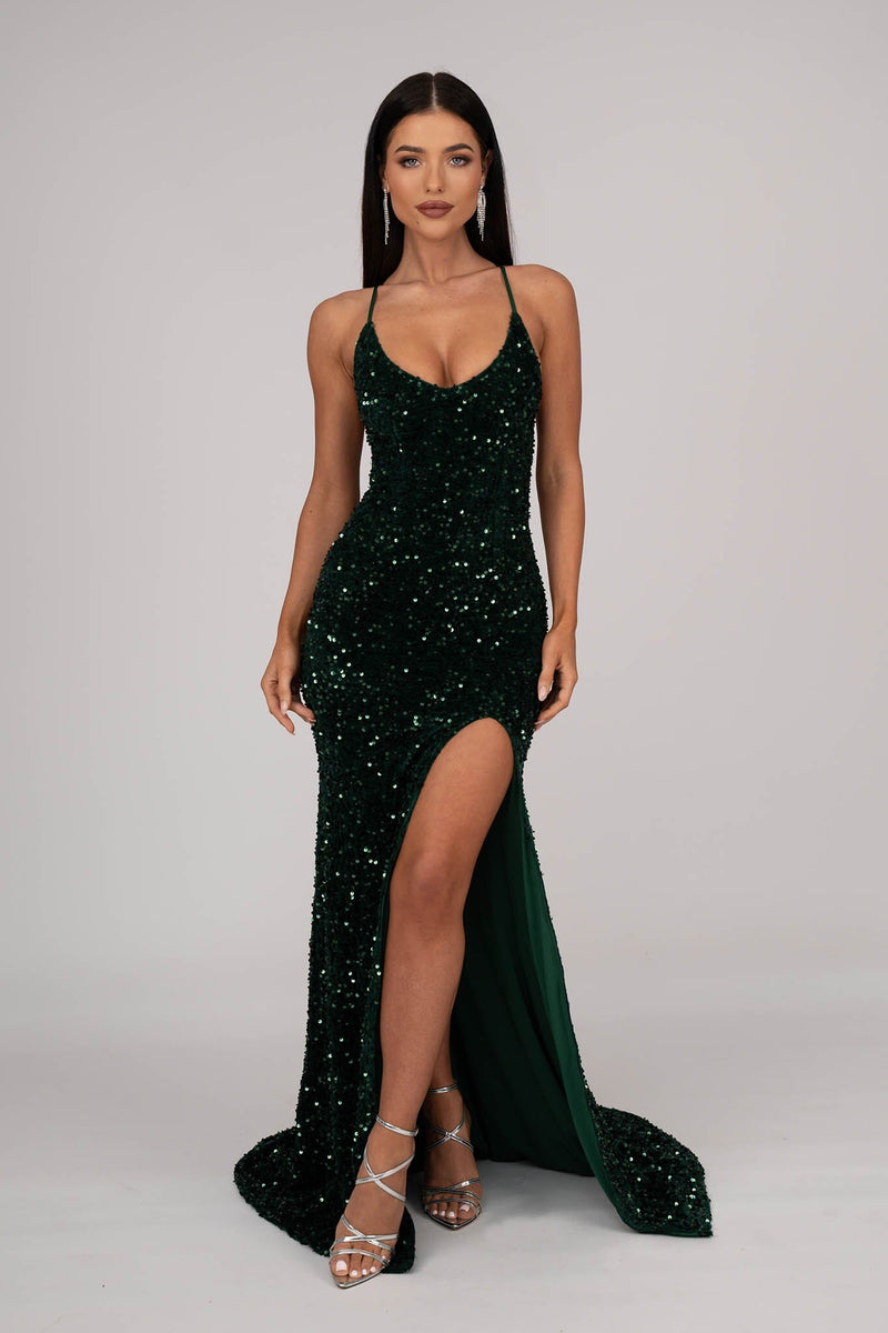 Emerald Green Velvet Sequin Full Length Evening Gown with V Neckline, Thin Shoulder Straps, Thigh High Side Split and Lace Up Open Back