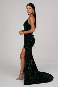Side Image of Emerald Green Velvet Sequin Full Length Evening Gown with V Neckline, Thin Shoulder Straps, Thigh High Side Split and Lace Up Open Back