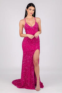 Bright Pink Velvet Sequin Full Length Evening Gown with V Neckline, Thin Shoulder Straps, Thigh High Side Split and Lace Up Open Back