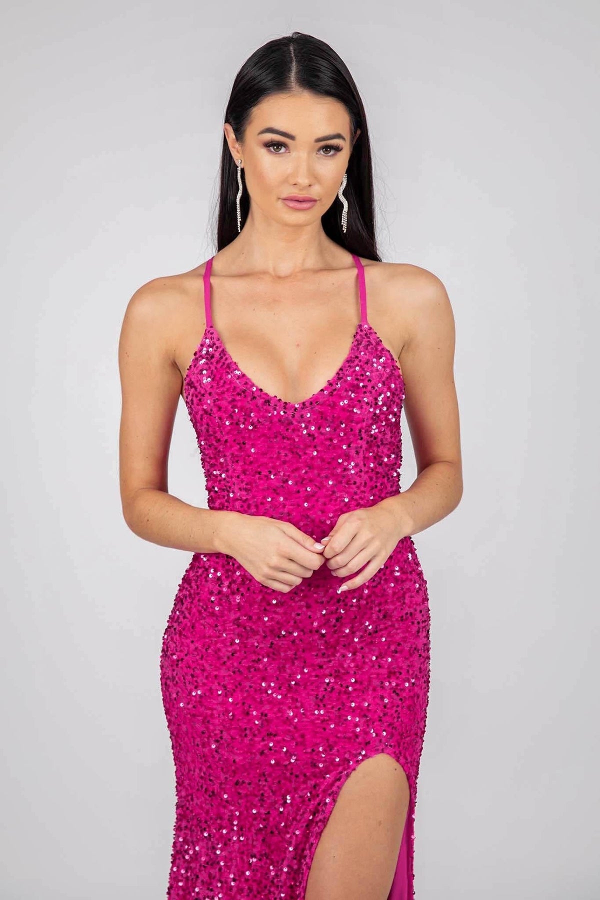 Close Up Image of Bright Pink Velvet Sequin Full Length Evening Gown with V Neckline, Thin Shoulder Straps, Thigh High Side Split