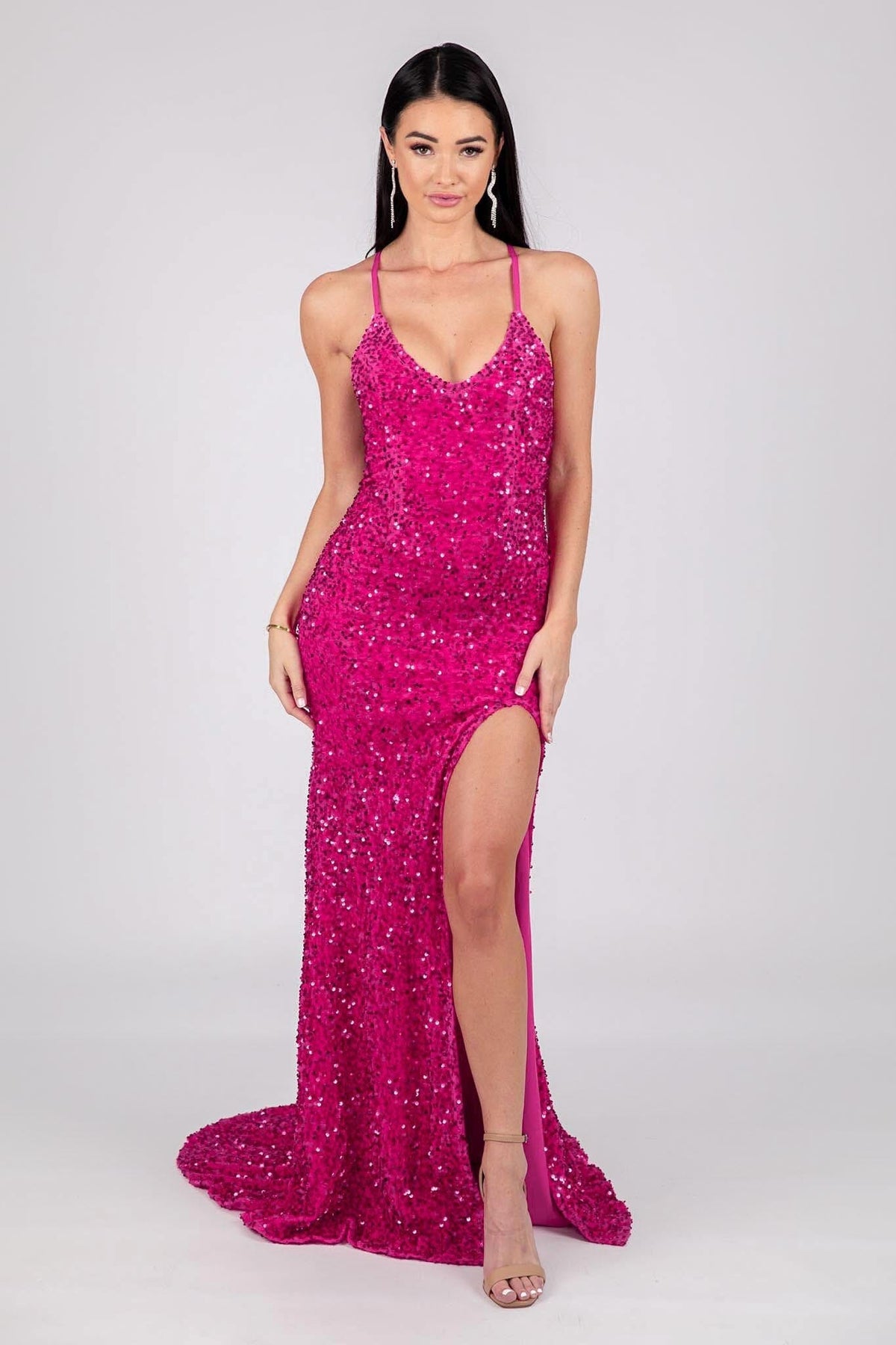 Fuchsia Bright Pink Velvet Sequin Full Length Evening Gown with V Neckline, Thin Shoulder Straps, Thigh High Side Split and Lace Up Open Back