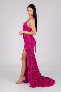Side Image of Lace Up Open Back Design of Bright Pink Velvet Sequin Full Length Evening Gown with V Neckline, Thin Shoulder Straps, Thigh High Side Split