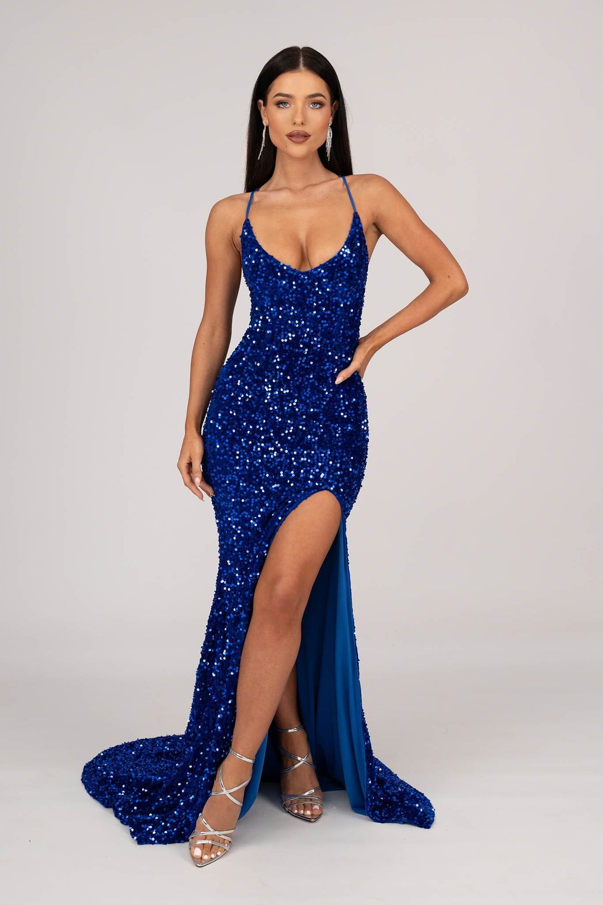 Zelda Side Slit Velvet Sequin Gown - Royal Blue NB LUXE Zelda Side Slit Velvet Sequin Gown - Royal Blue NB LUXE