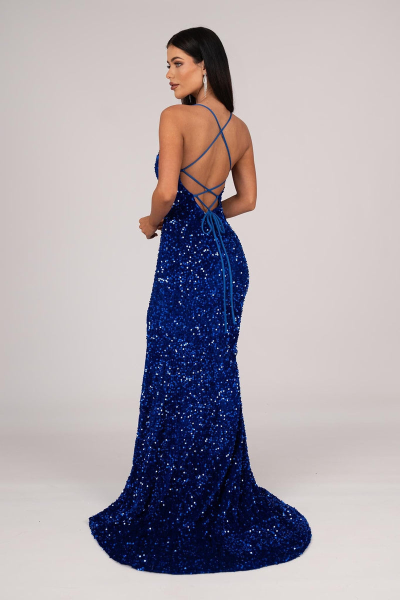 Zelda Side Slit Velvet Sequin Gown - Royal Blue L Zelda Side Slit Velvet Sequin Gown - Royal Blue L