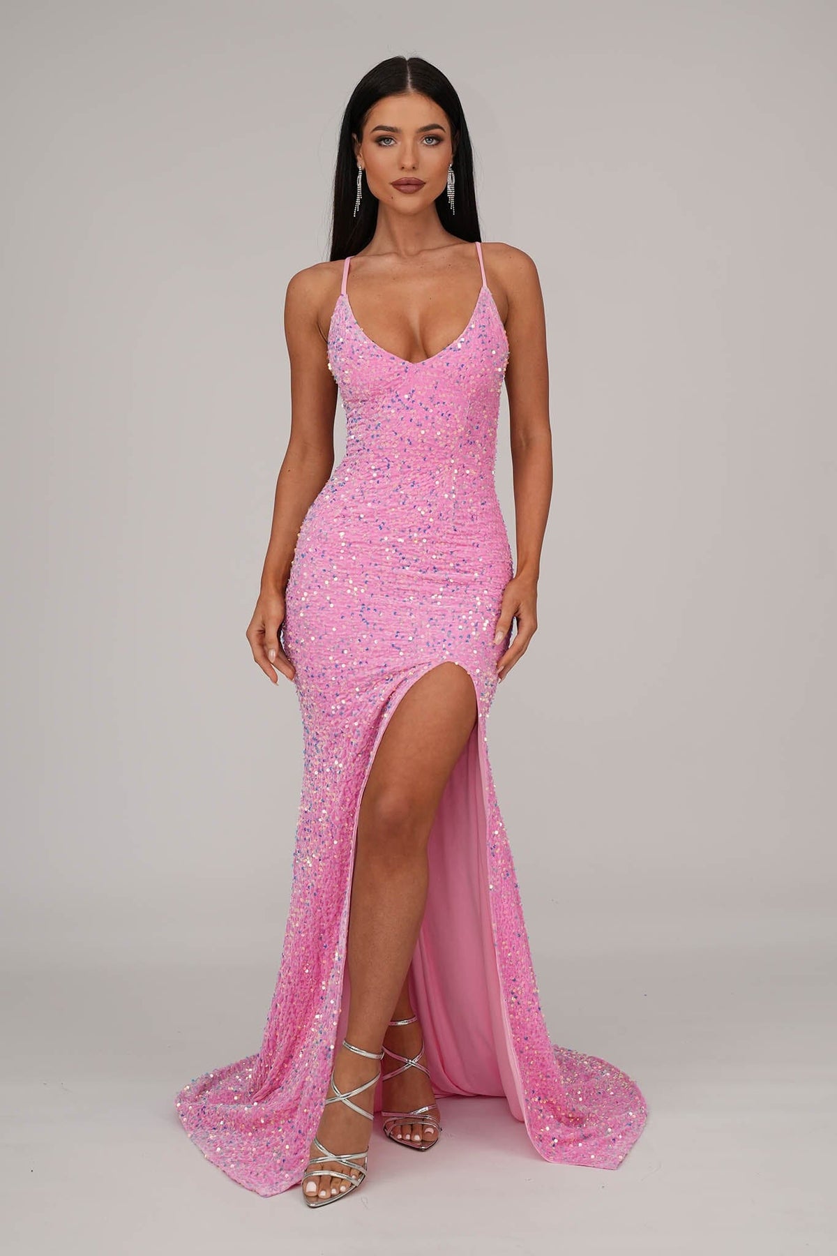 Pink Velvet Sequin Full Length Evening Gown with V Neckline, Thin Shoulder Straps, Thigh High Side Split and Lace Up Open Back