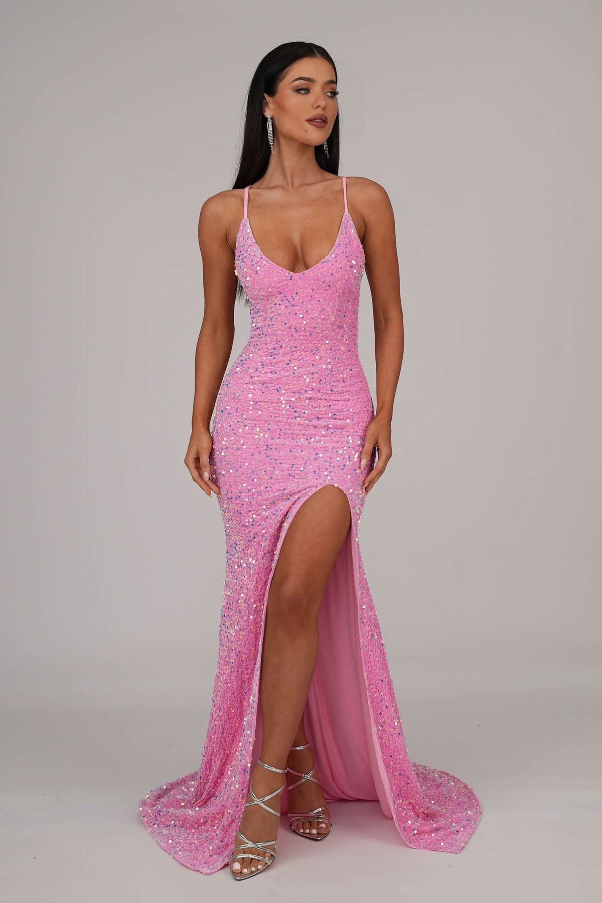 Zelda Side Slit Velvet Sequin Gown - Pink NB LUXE Zelda Side Slit Velvet Sequin Gown - Pink NB LUXE