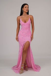 Full Frontal Image of Pink Velvet Sequin Full Length Evening Gown with V Neckline, Thin Shoulder Straps, Thigh High Side Split and Lace Up Open Back