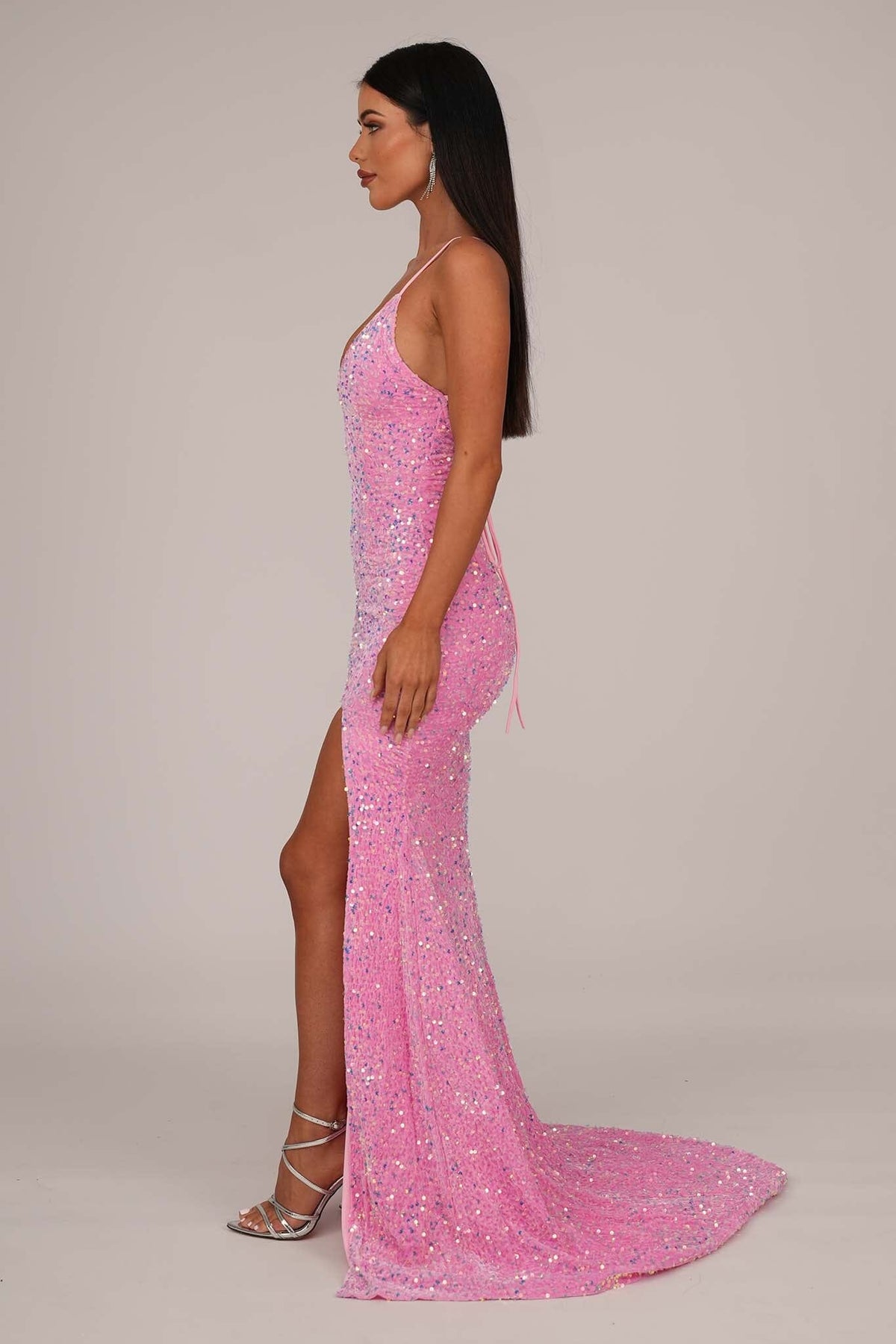 Side Image of Pink Velvet Sequin Full Length Evening Gown with V Neckline, Thin Shoulder Straps, Thigh High Side Split and Lace Up Open Back