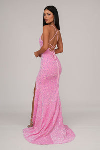 Lace Up Open Back of Pink Velvet Sequin Full Length Evening Gown with V Neckline, Thin Shoulder Straps and Thigh High Side Split