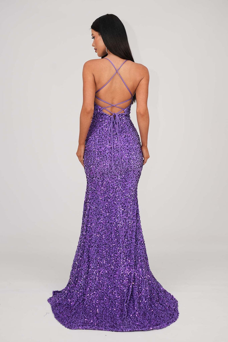 Zelda Side Slit Velvet Sequin Gown - Purple NB LUXE Zelda Side Slit Velvet Sequin Gown - Purple NB LUXE